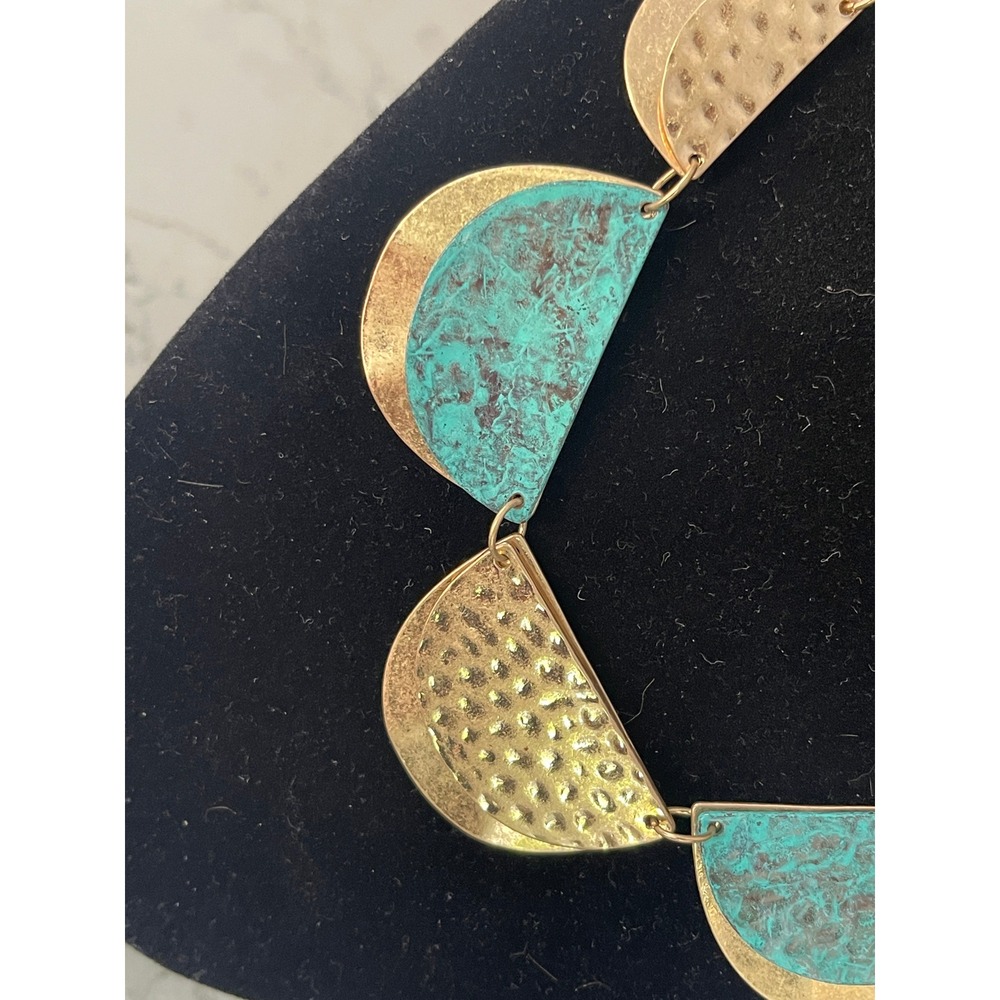 Gold Turquoise Patina Hammered Bib Necklace Matching Stud Earrings Set Boho - Picture 2 of 3